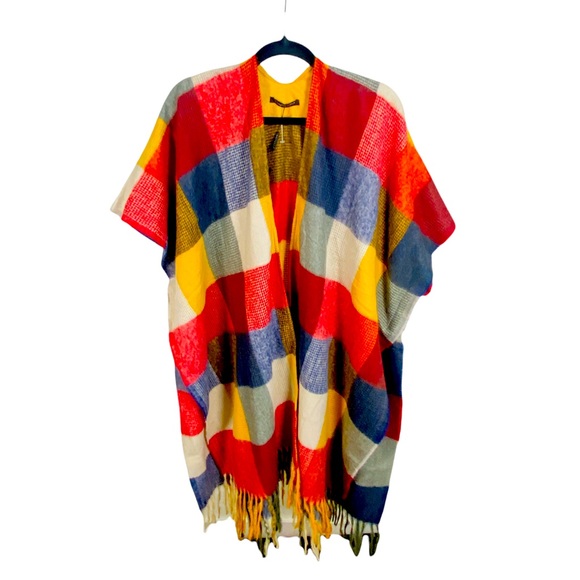 Multicolor Check Patchwork Soft Versatile Wear Poncho Cape Cloak O/S - Picture 8 of 8